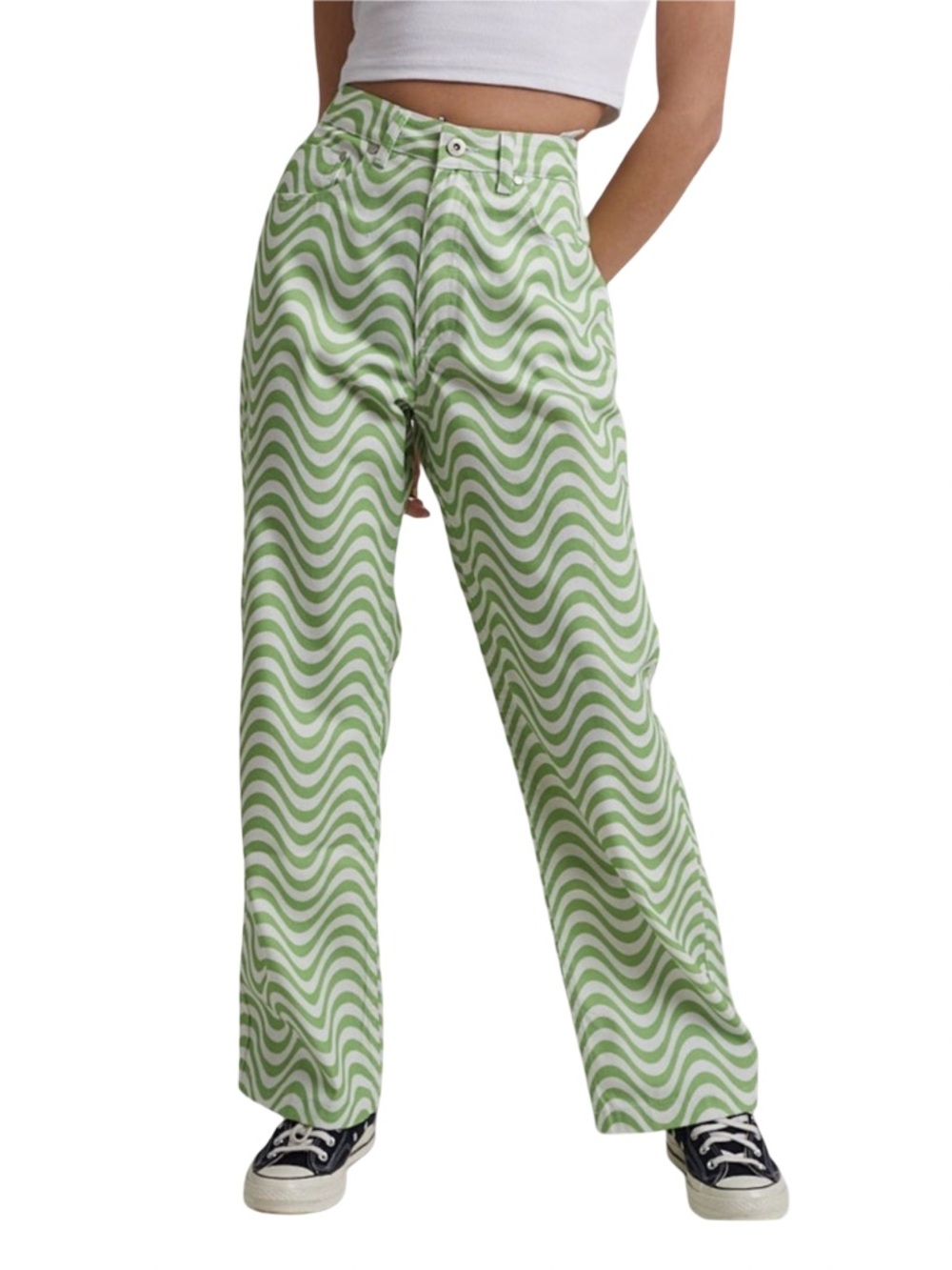 Ragged Priest Wave Print Wide Leg Cotton Denim Jeans Green White 32